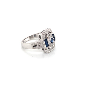 14K White Gold Art Deco Style Diamond & Sapphire Ring