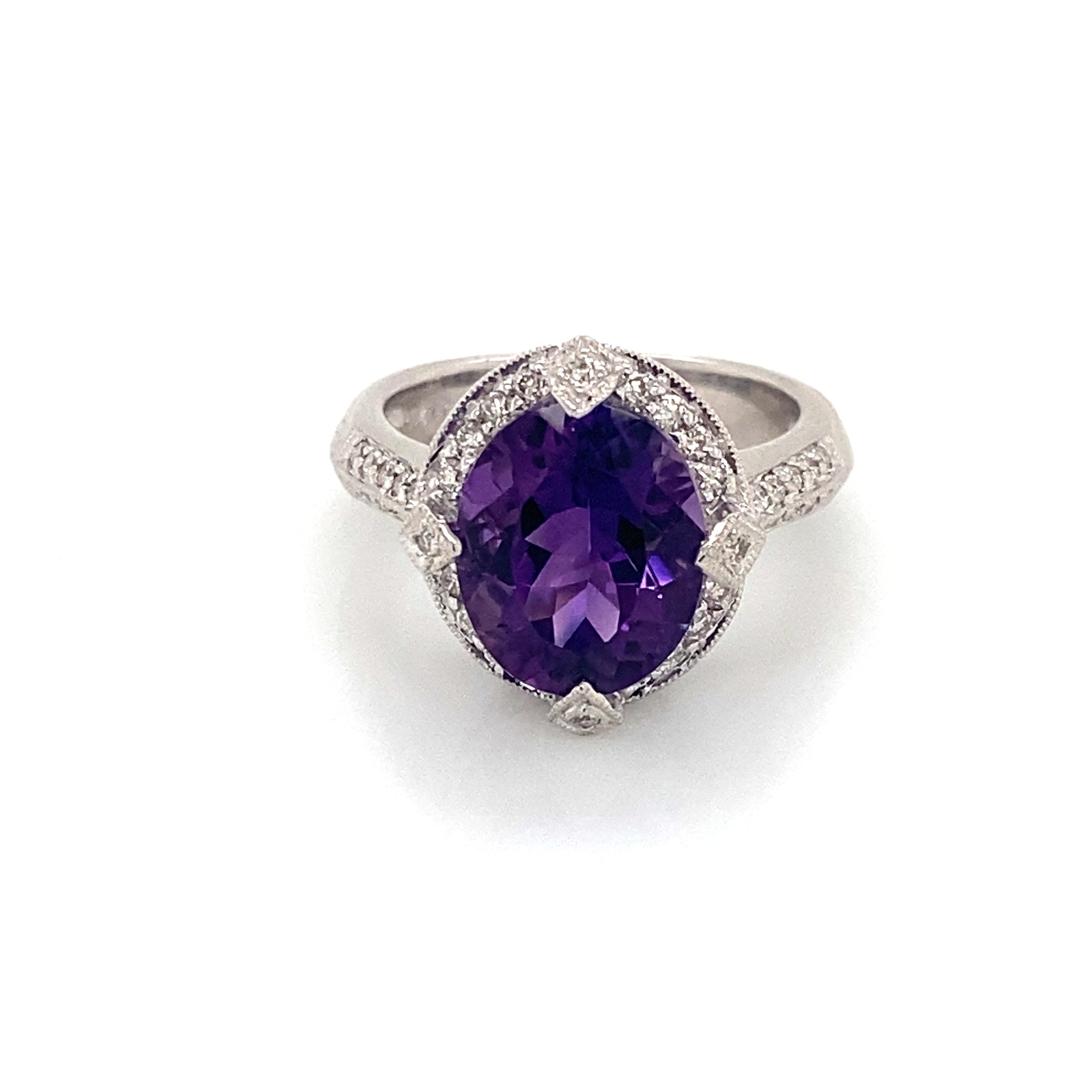 14K White Gold  Oval Amethyst & Diamond Halo Ring