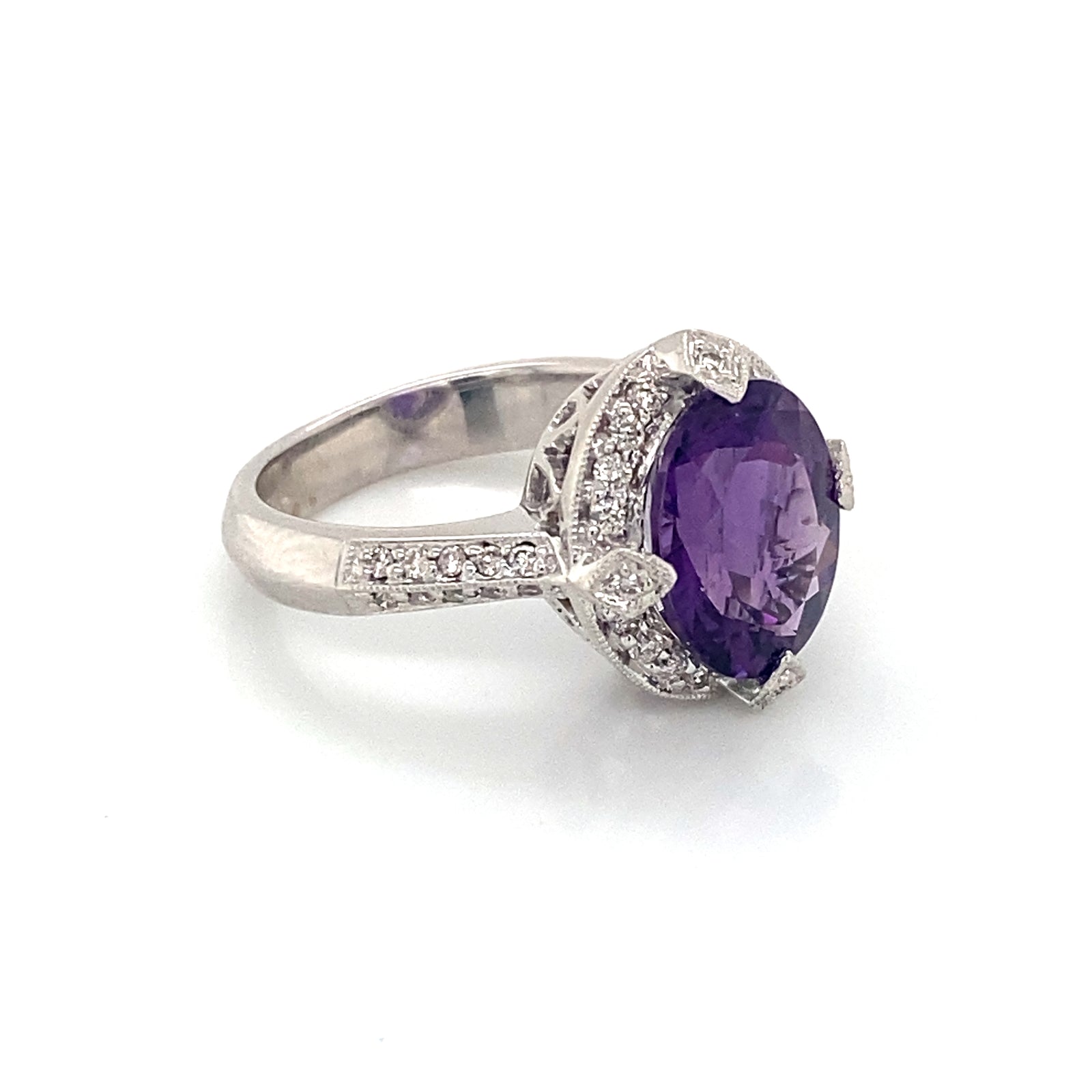 14K White Gold  Oval Amethyst & Diamond Halo Ring