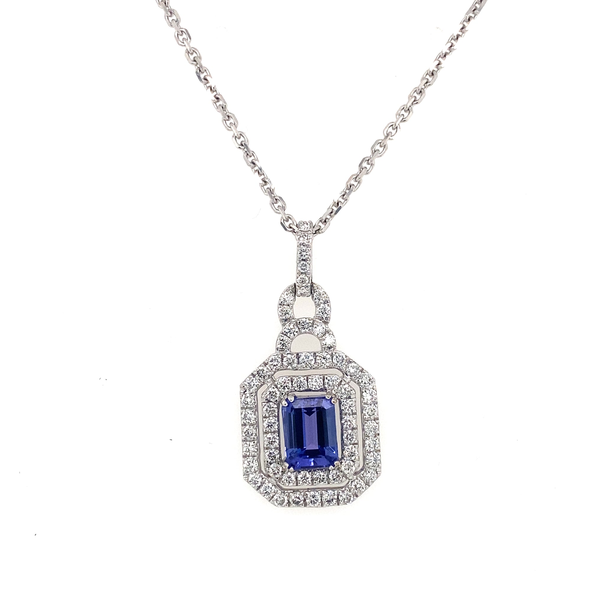 14K White Gold Emerald Cut Tanzanite & Diamond Necklace