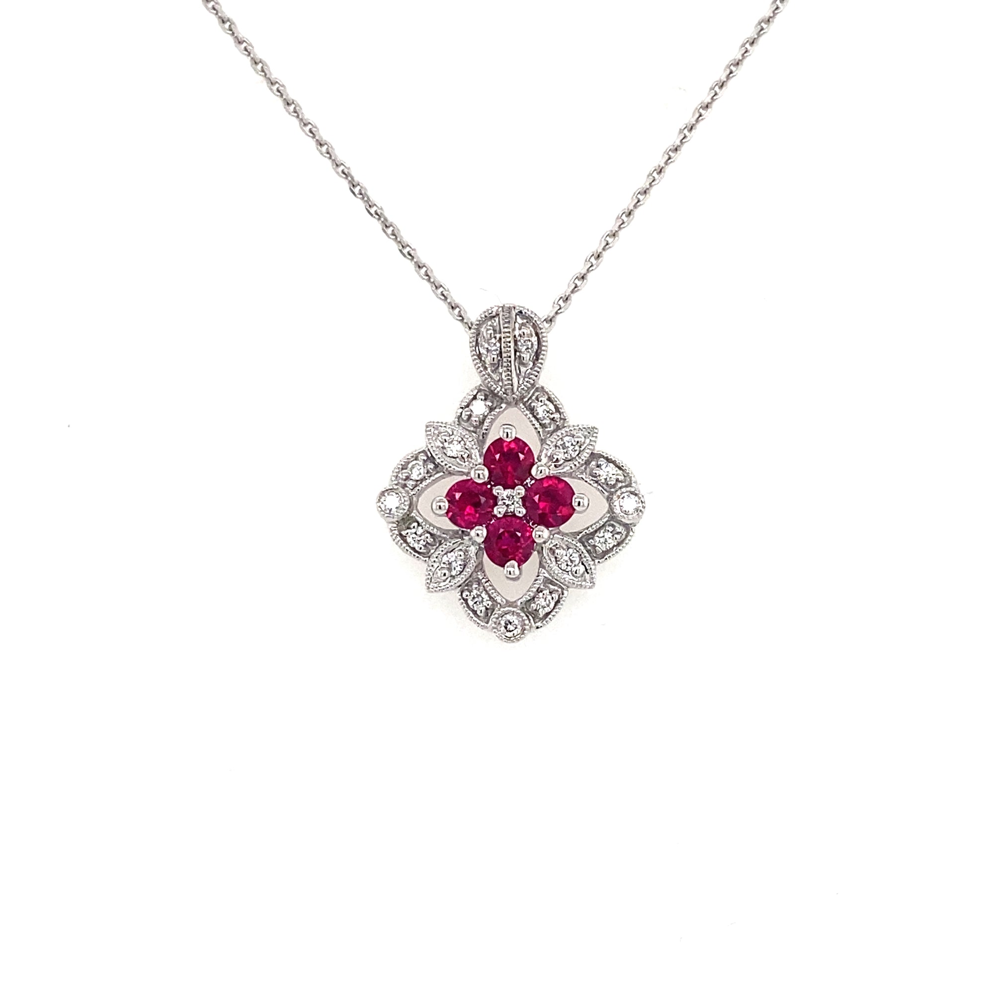 14K White Gold Ruby & Diamond Vintage Style Necklace