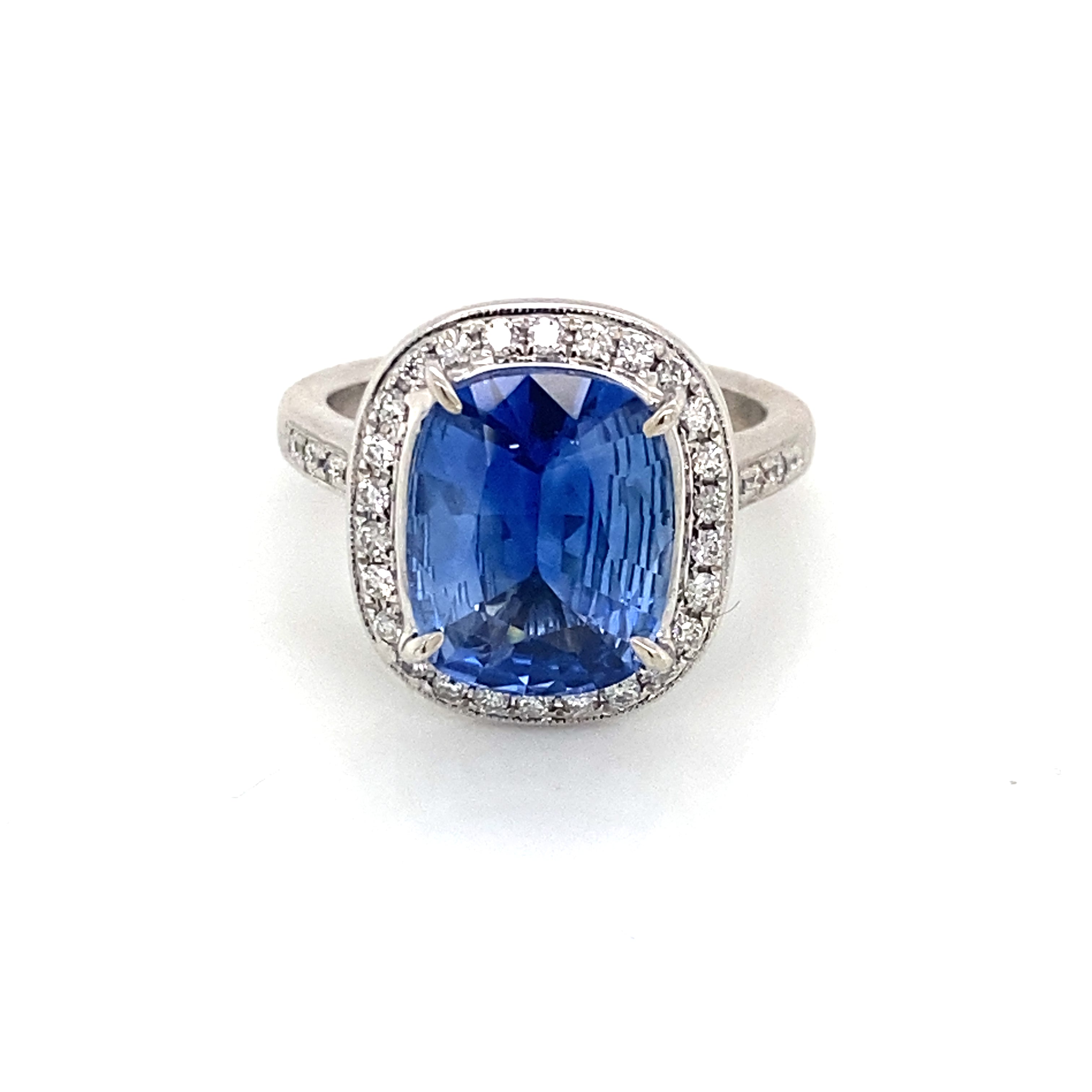 14K White Gold Cushion Cut Ceylon Color Sapphire & Diamond Halo Ring