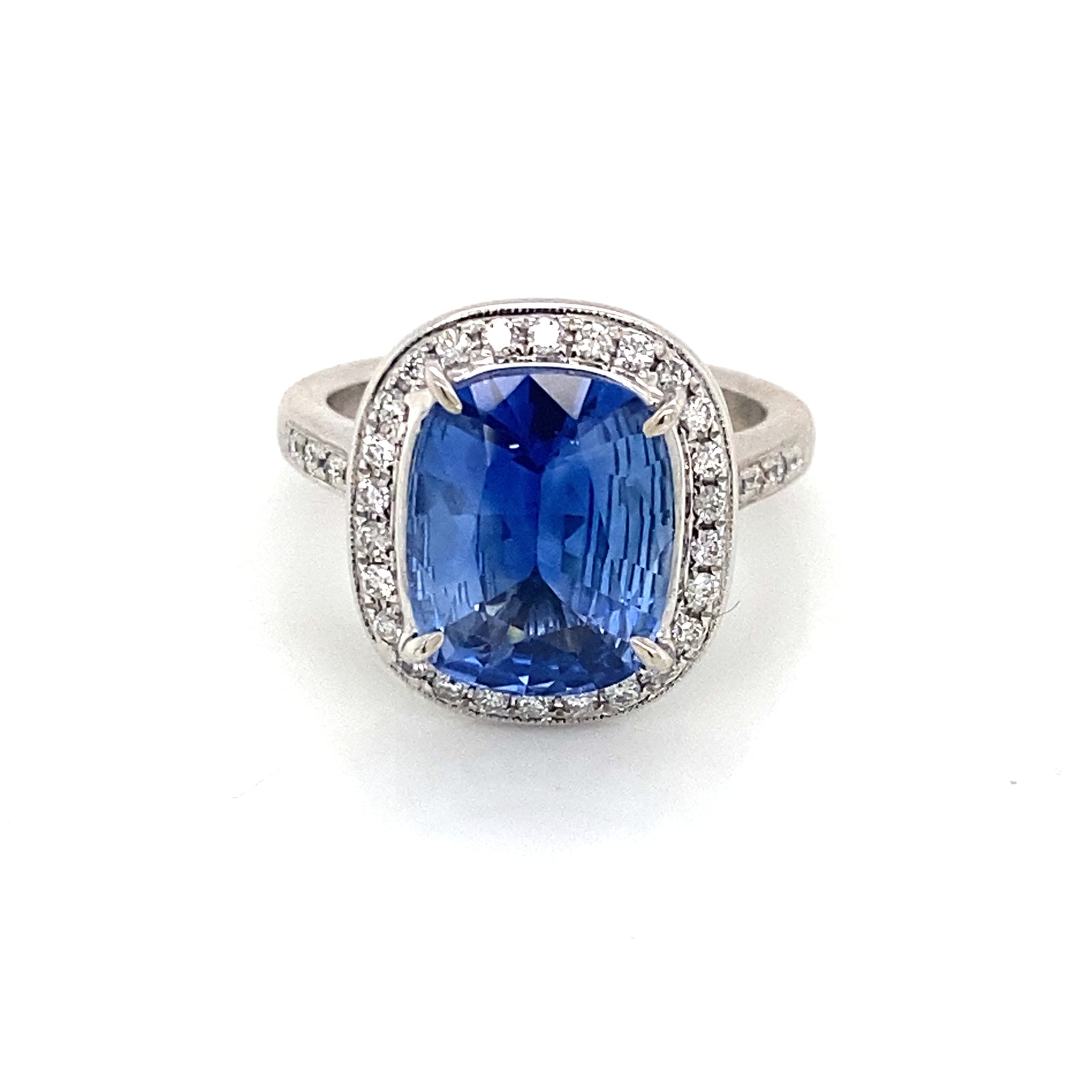 14K White Gold Cushion Cut Ceylon Color Sapphire & Diamond Halo Ring