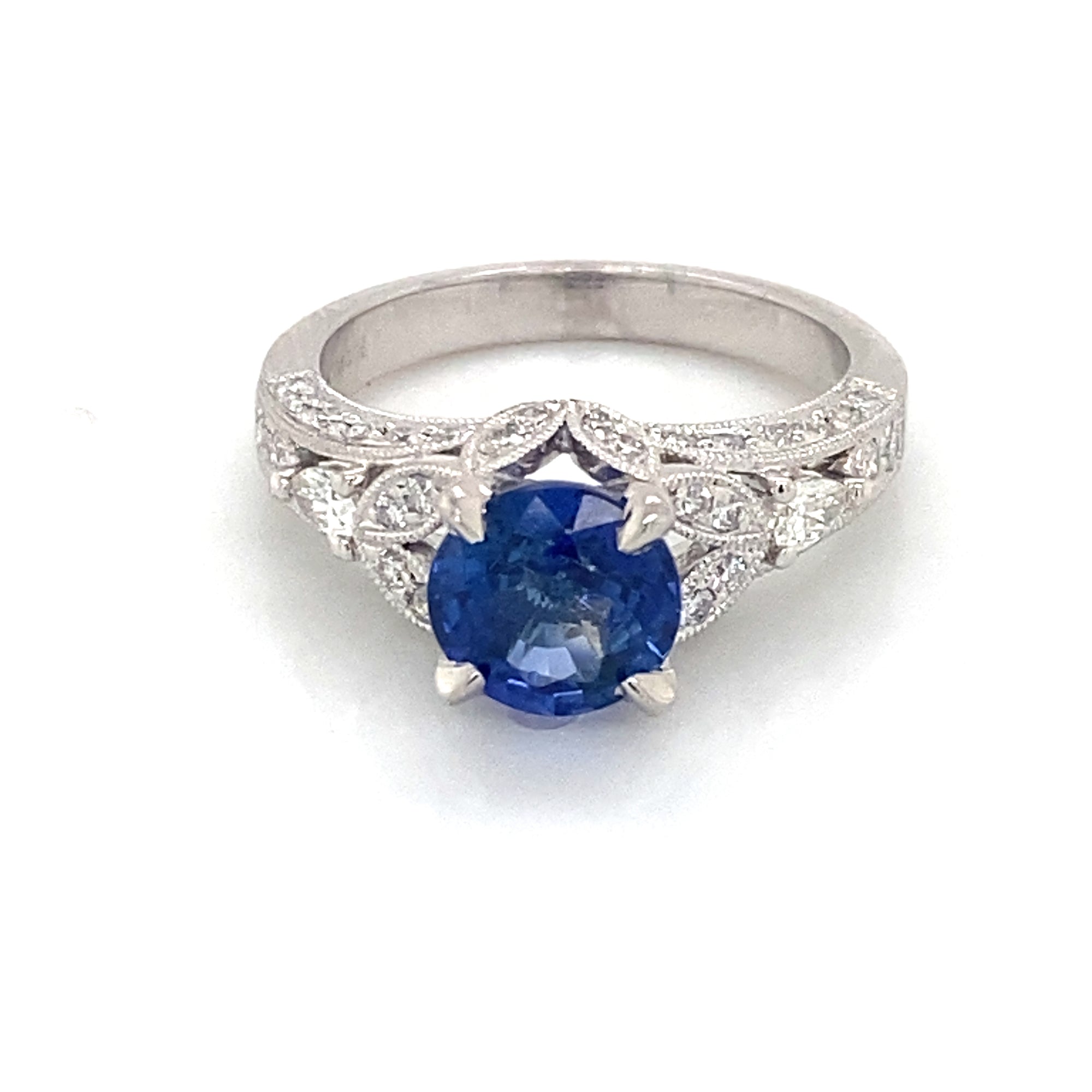 Platinum Cornflower Blue Sapphire & Diamond Leaf Design Ring
