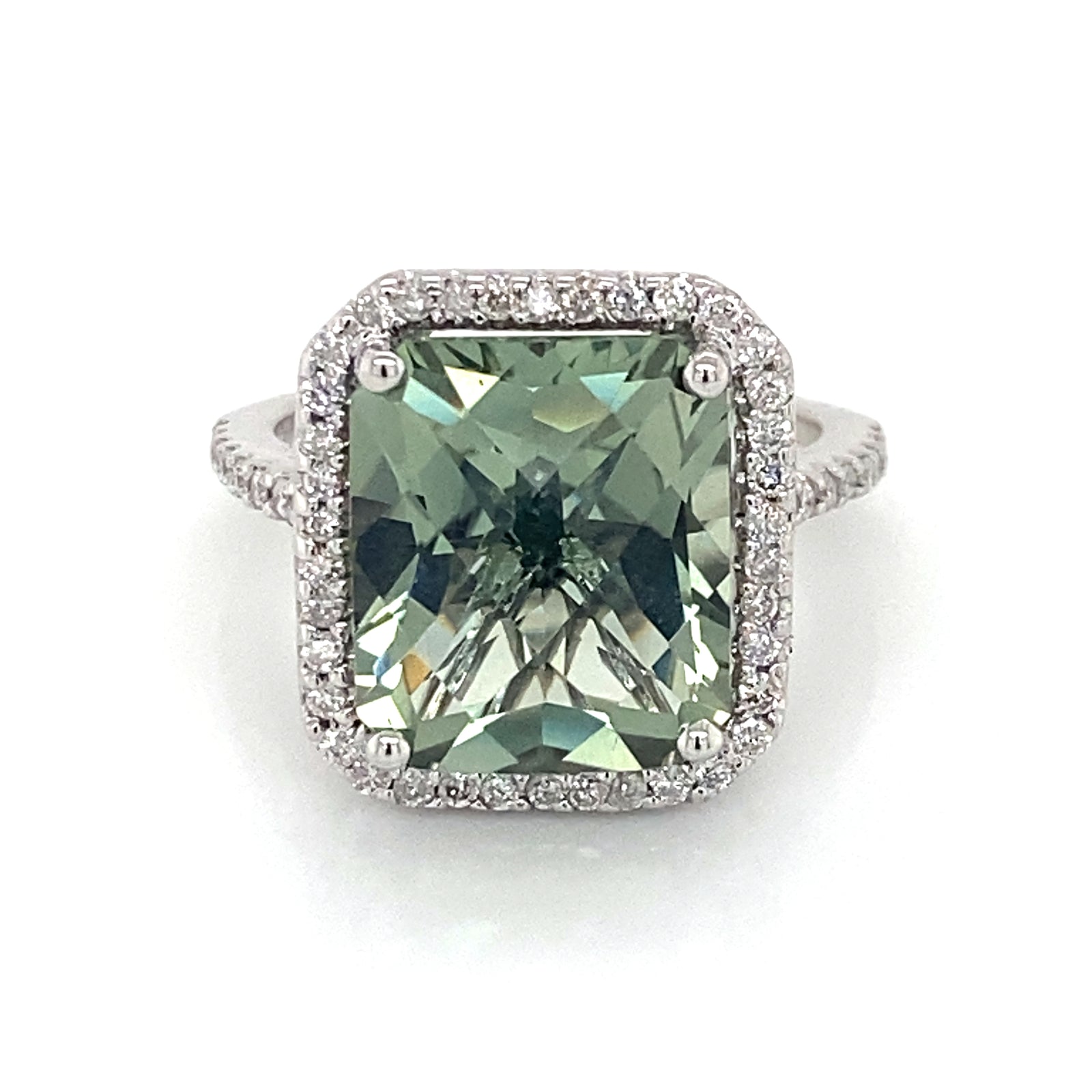 14K White Gold Cushion Cut Green Quartz & Diamond Halo Ring