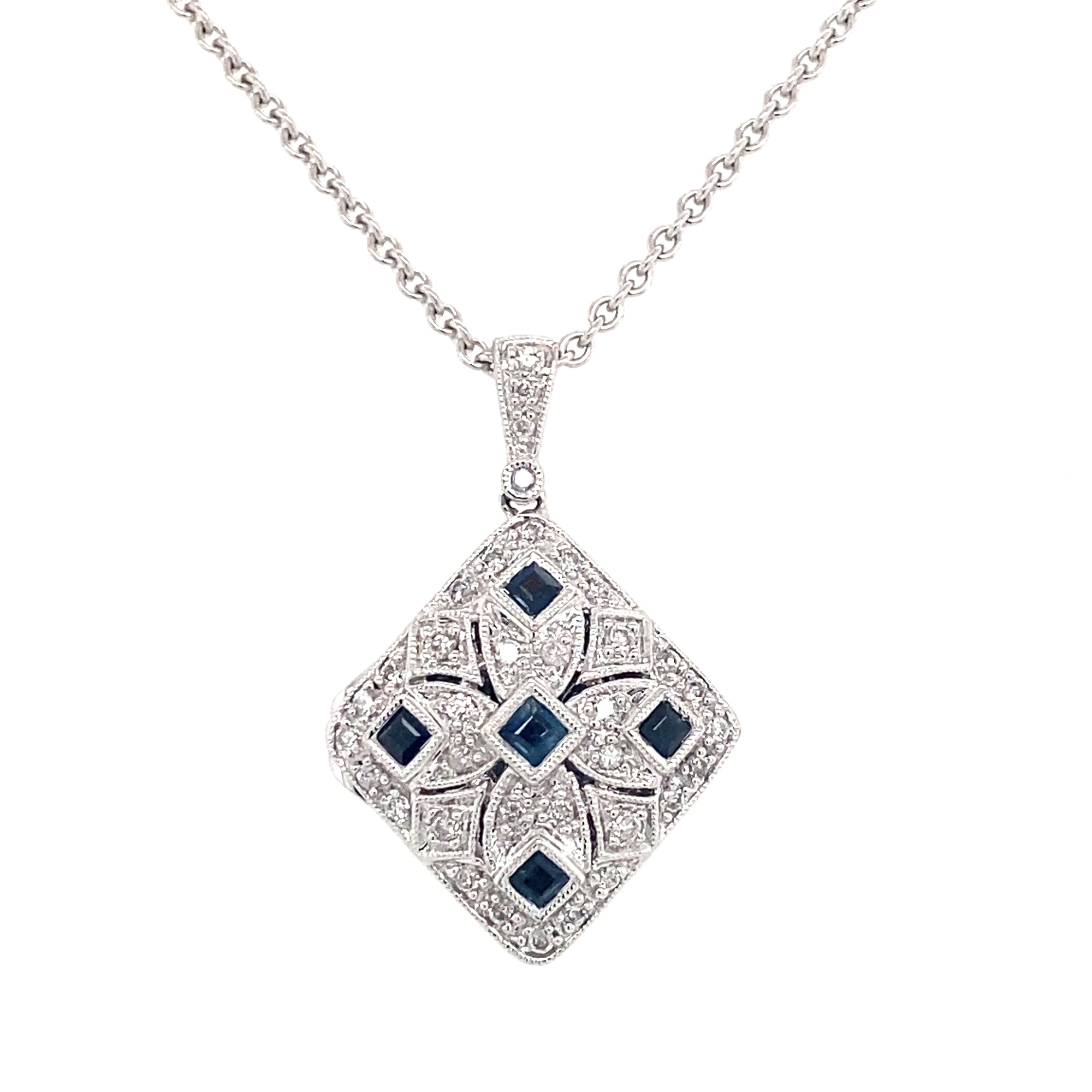 14K White Gold Sapphire & Diamond Vintage Design Necklace