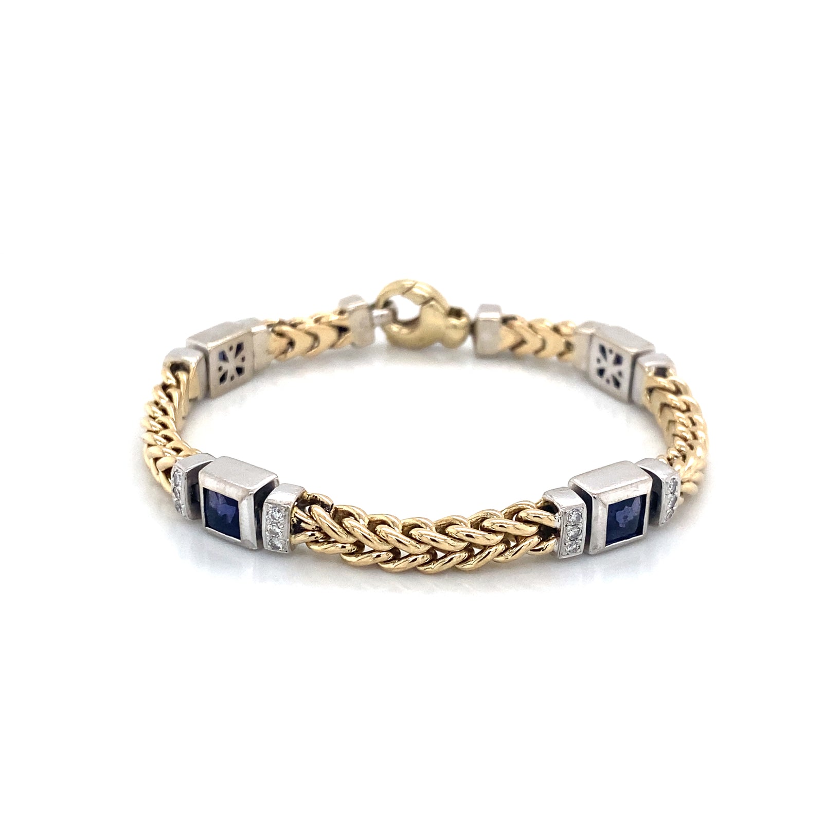 14K Yellow & White Gold Squared Wheat Iolite & Diamond Bracelet