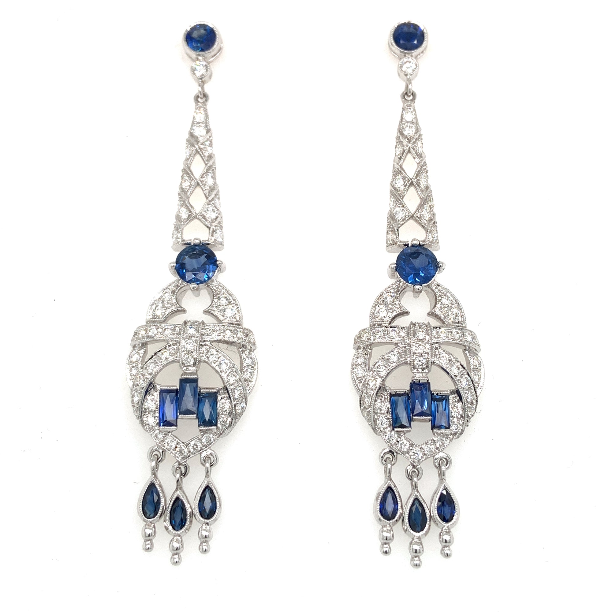 18K White Gold Sapphire & Diamond Art Deco Style Drop Earrings