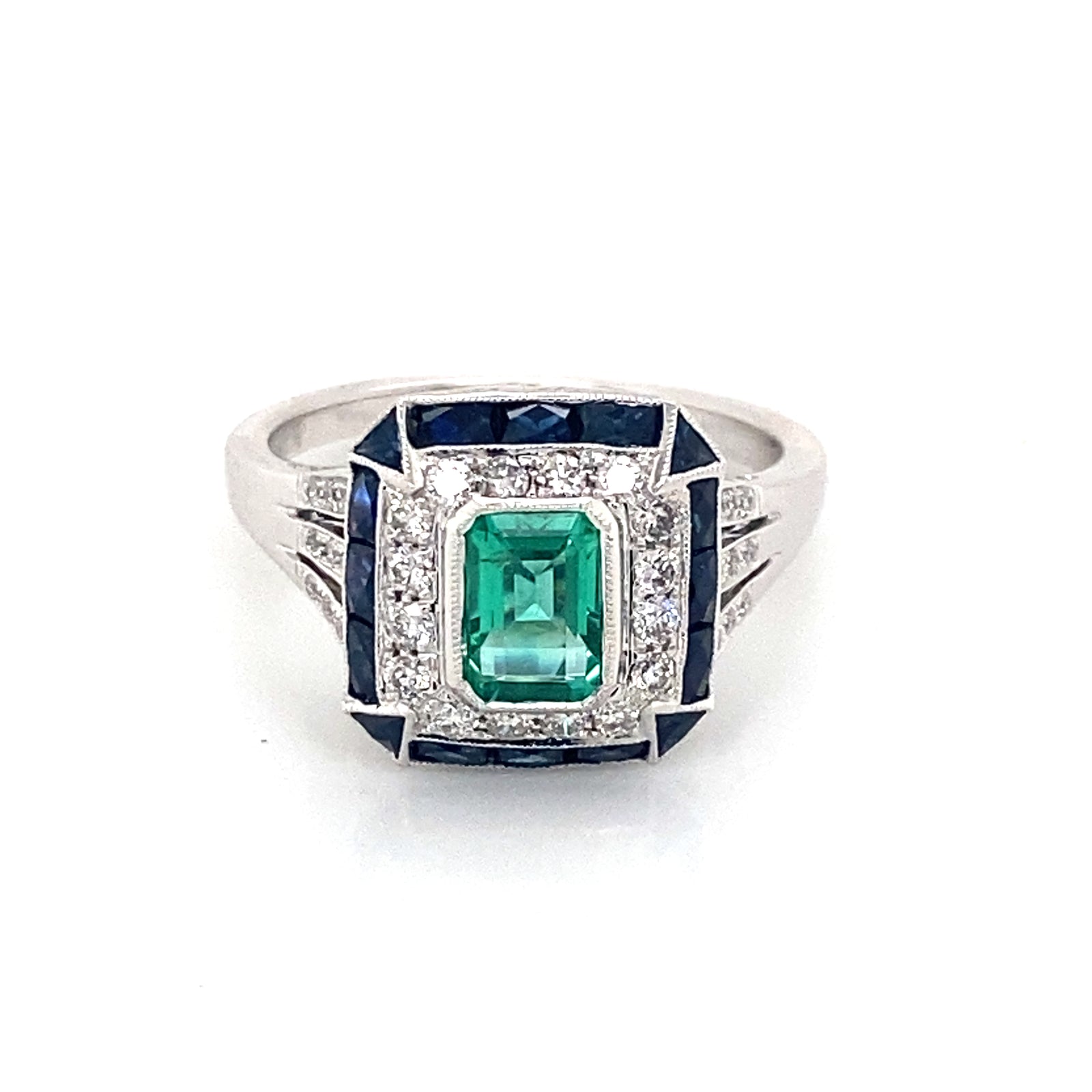 18K White Gold Emerald Vintage Style Ring with Diamond & Sapphire Accents