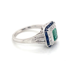 18K White Gold Emerald Vintage Style Ring with Diamond & Sapphire Accents