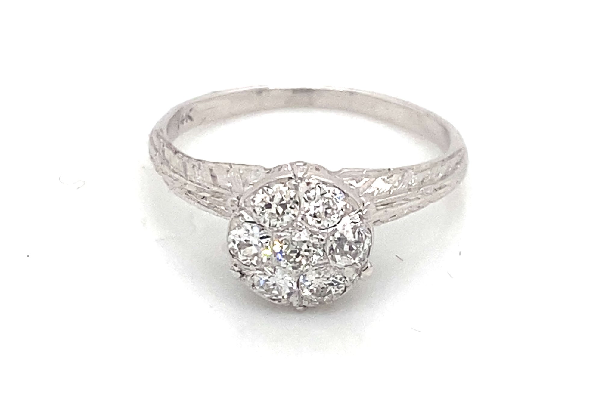 14K White Gold Vintage Cluster Diamond Engraved Engagement Ring