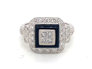 14K White Gold Art Deco Style Diamond & Black Onyx Ring