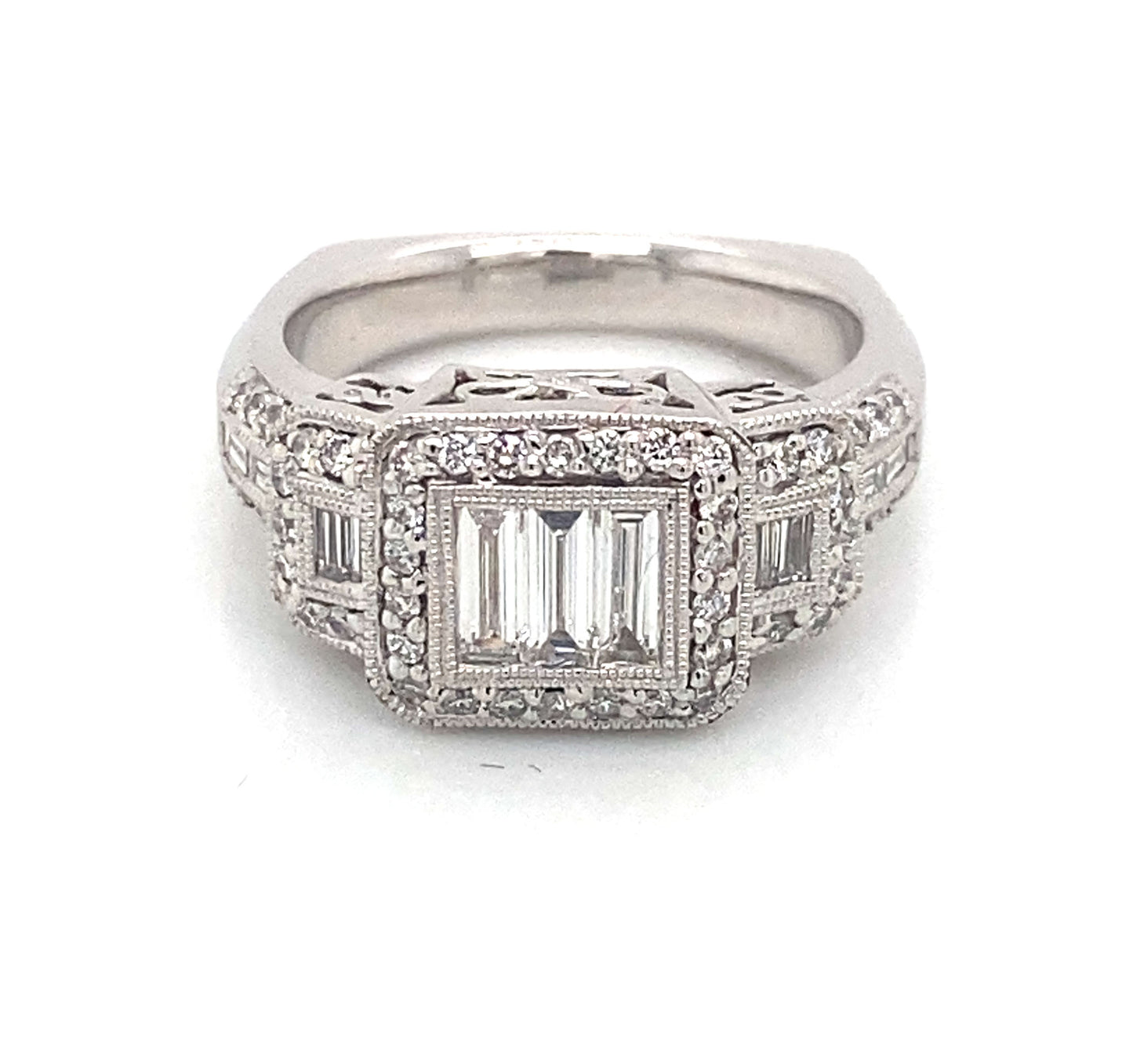 14K White Gold Baguette & Round Diamond Cluster Ring