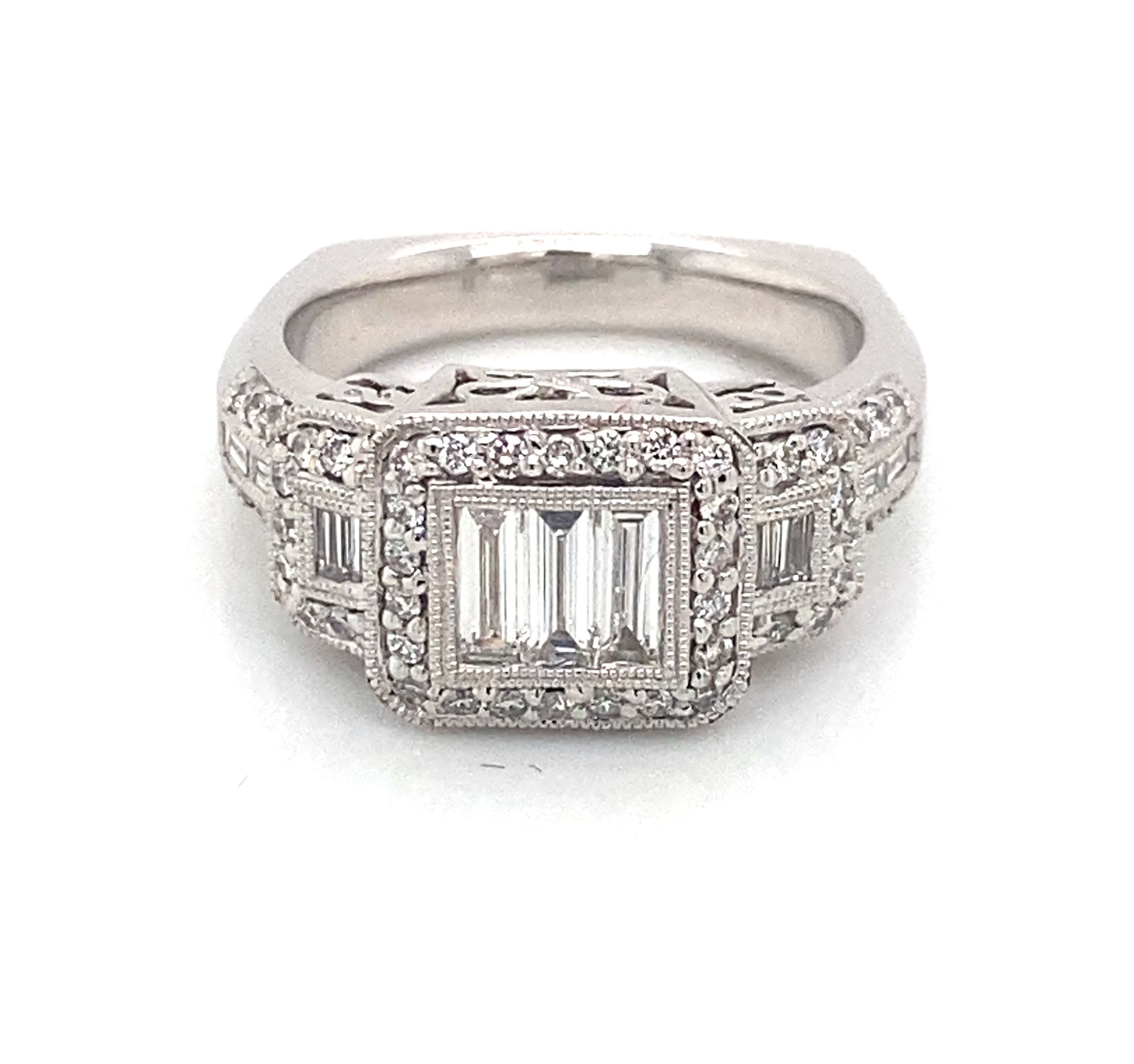 14K White Gold Baguette & Round Diamond Cluster Ring