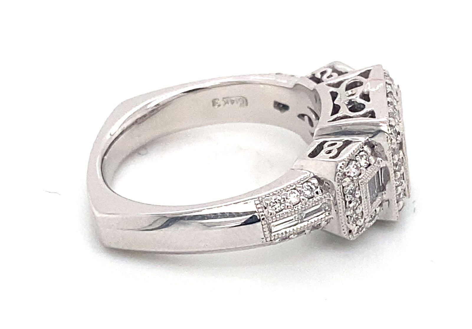 14K White Gold Baguette & Round Diamond Cluster Ring