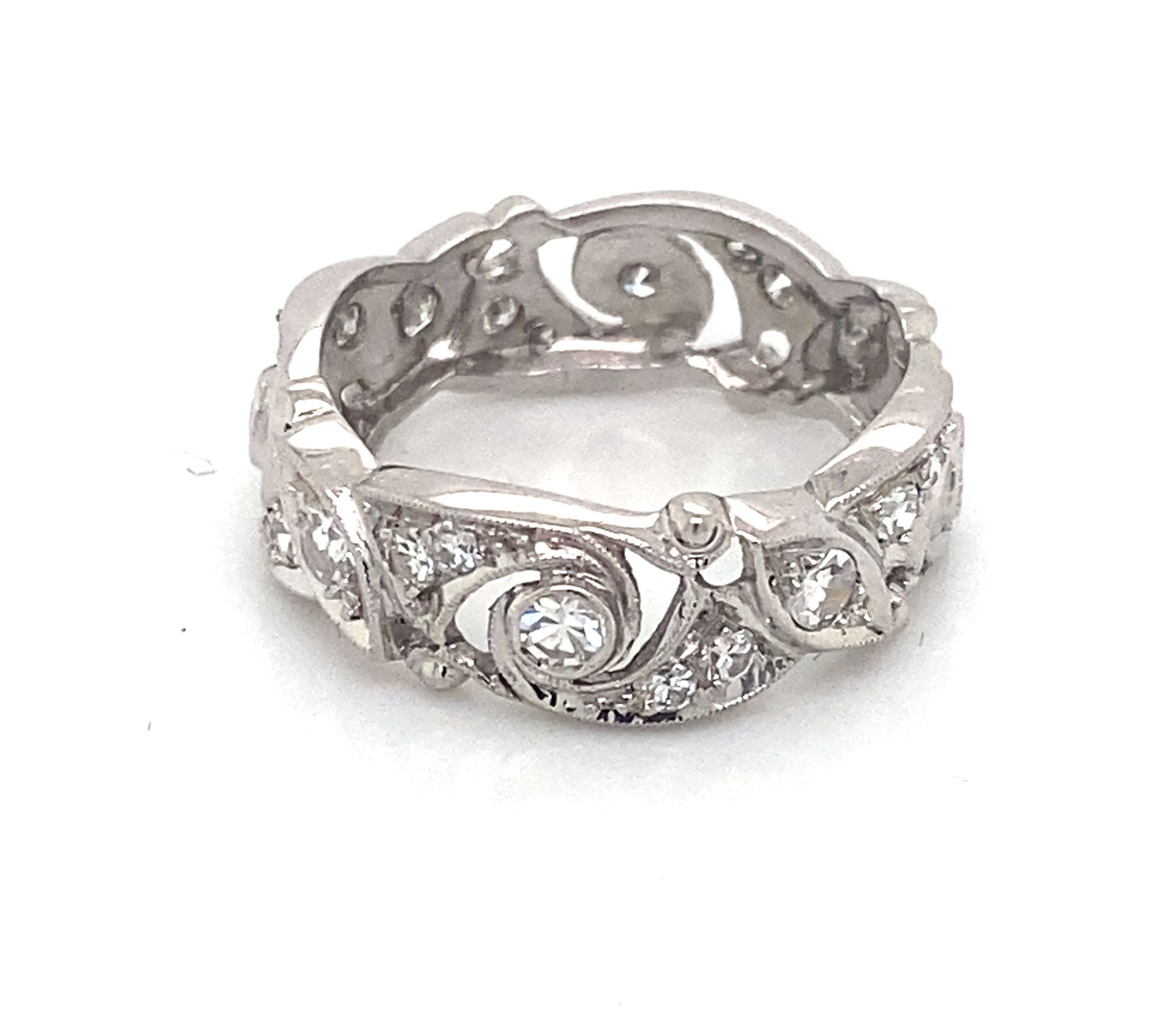 Platinum Vintage Diamond Eternity Ring with Intricate Milgrain Design