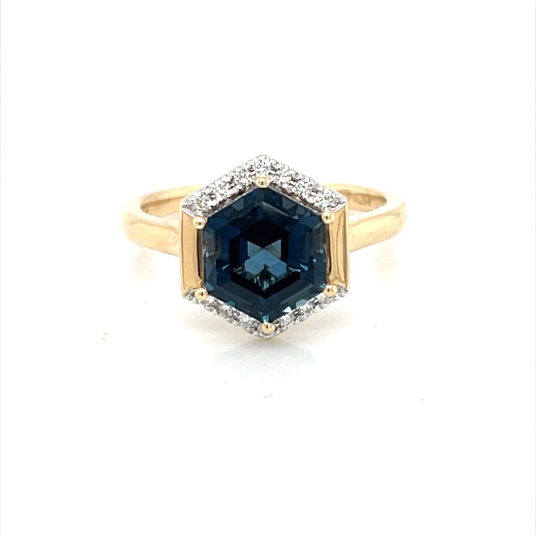 14K Yellow Gold Hexagon London Blue Topaz & Diamond Ring