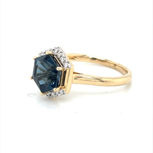 14K Yellow Gold Hexagon London Blue Topaz & Diamond Ring