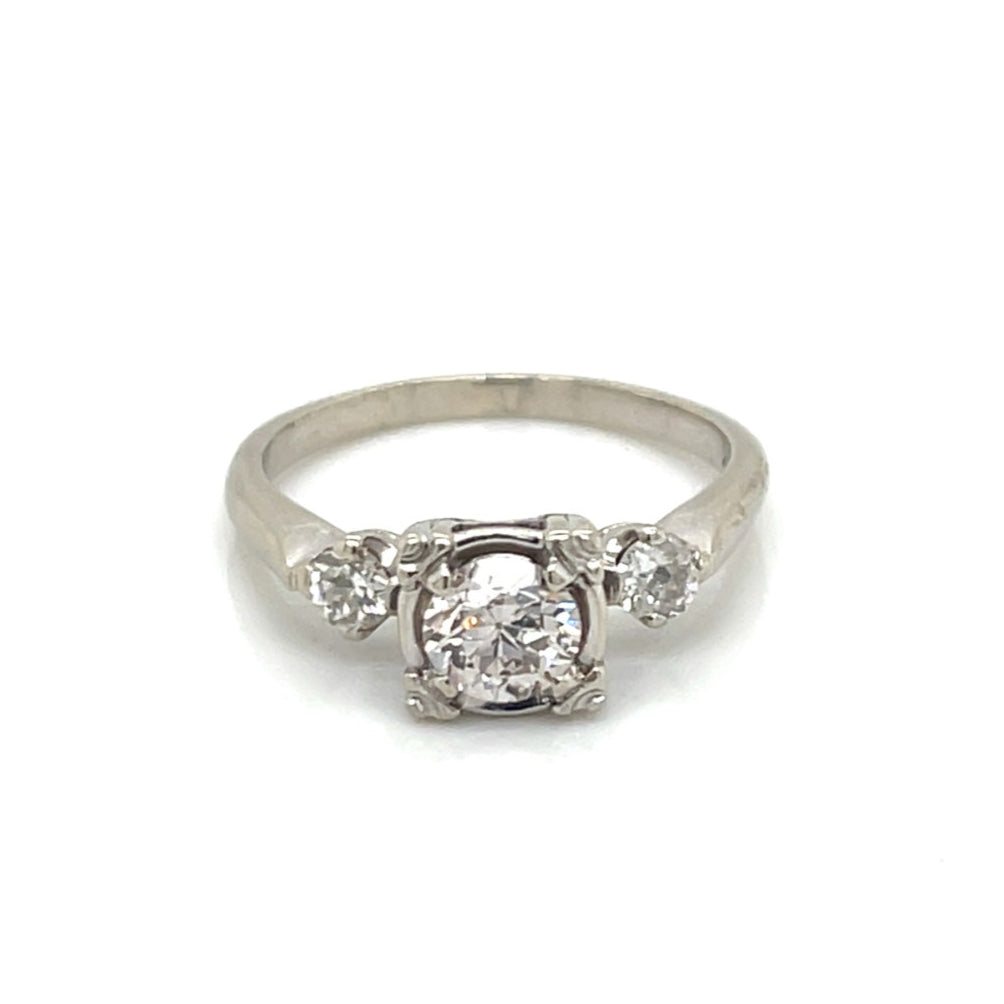 14K White Gold Vintage Three Stone Diamond Engagement Ring