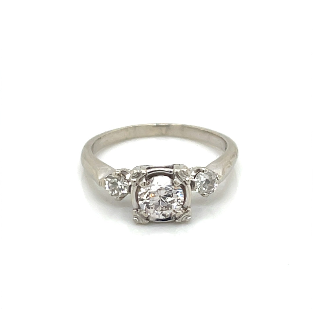 14K White Gold Vintage Three Stone Diamond Engagement Ring