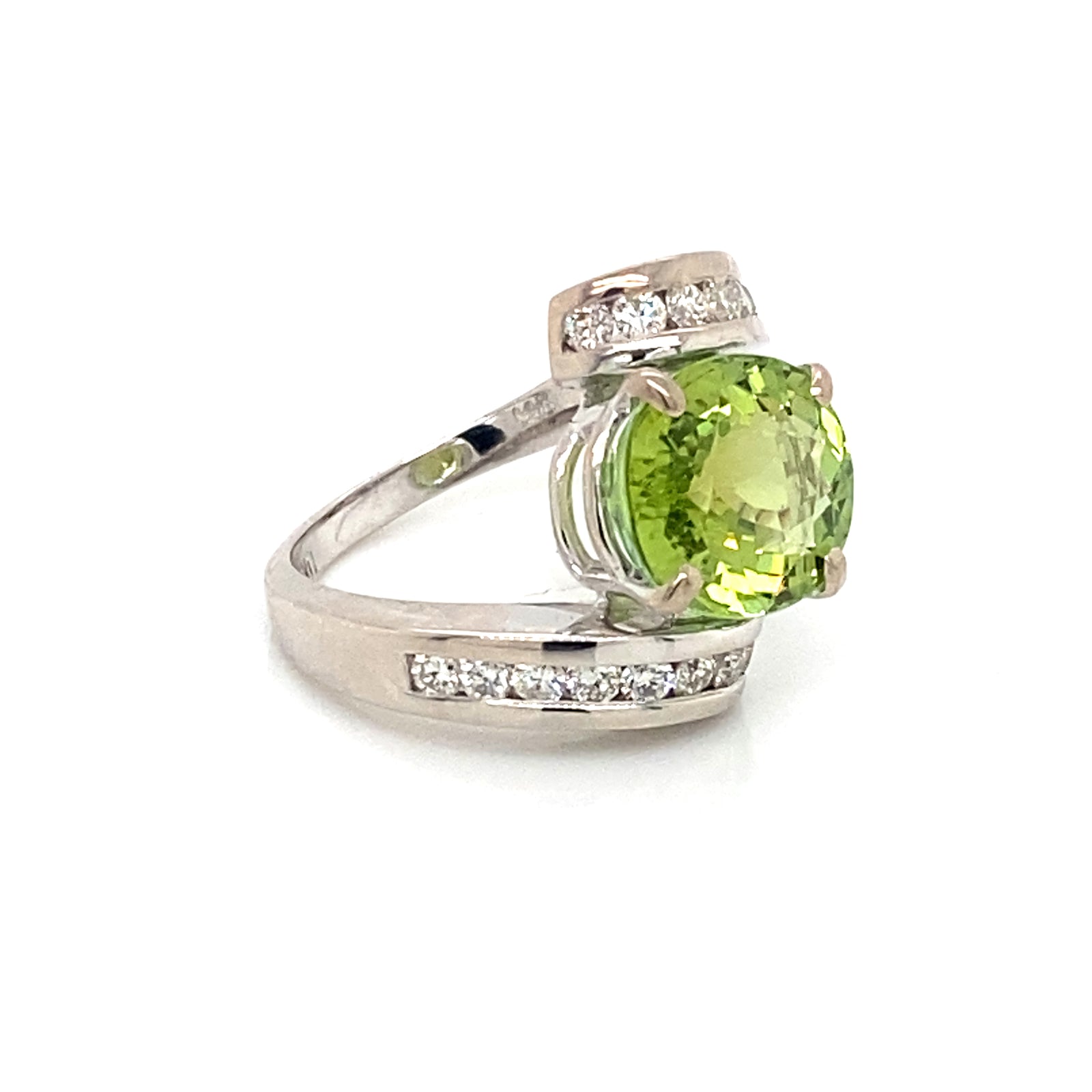 14K White Gold Oval Green Tourmaline & Diamond Bypass Ring