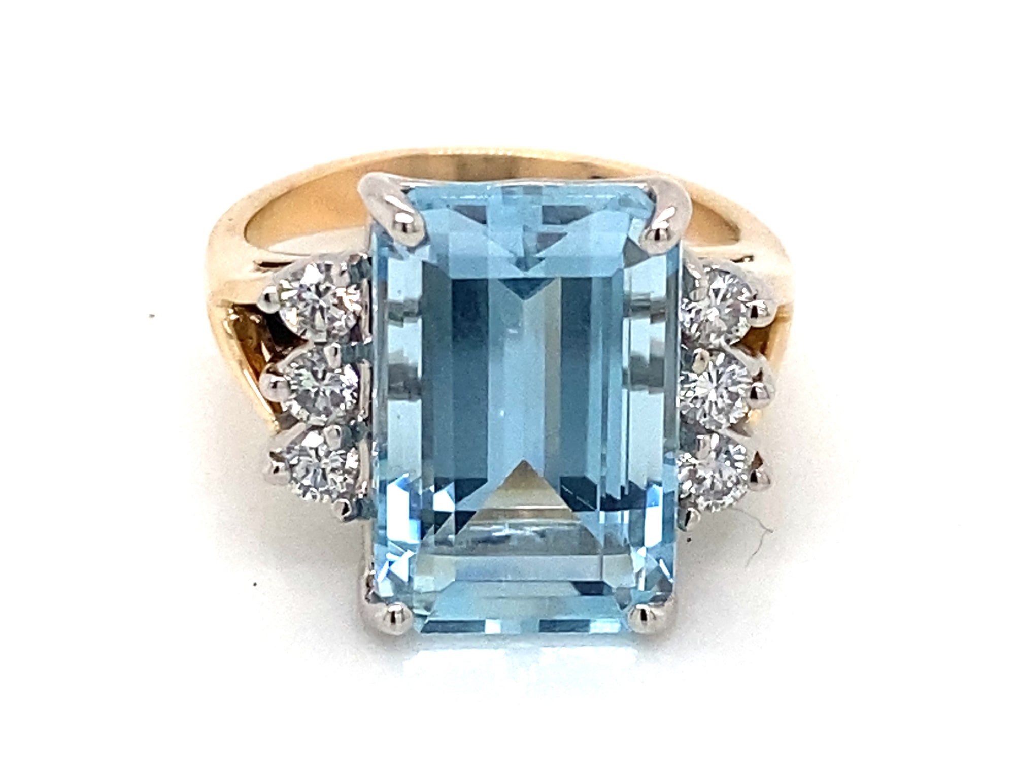 14K Yellow & White Gold Emerald Cut Aquamarine & Diamond Ring