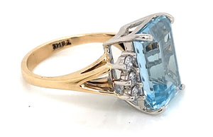 14K Yellow & White Gold Emerald Cut Aquamarine & Diamond Ring