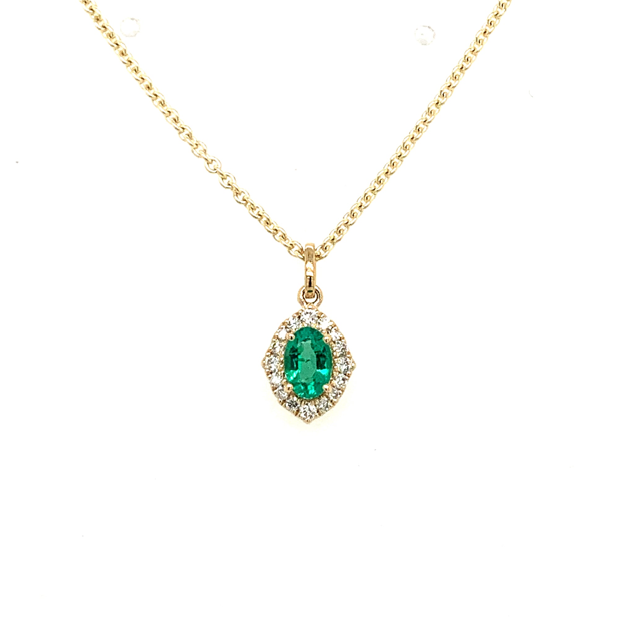 14K Yellow Gold Emerald & Diamond Halo Necklace