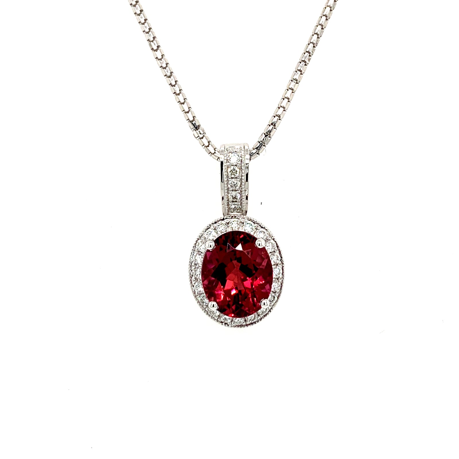 14K White Gold Pink Tourmaline & Diamond Halo Necklace