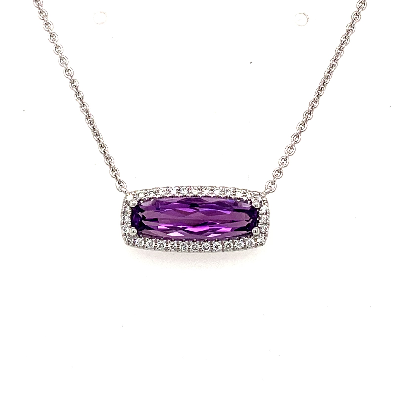 14K White Gold Amethyst & Diamond Elongated Halo Necklace