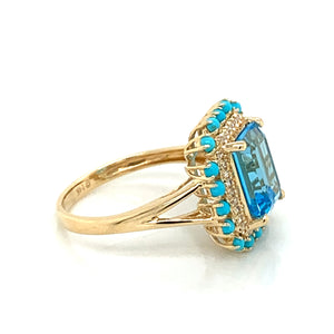 14K Yellow Gold Swiss Blue Topaz, Turquoise & Diamond Ring