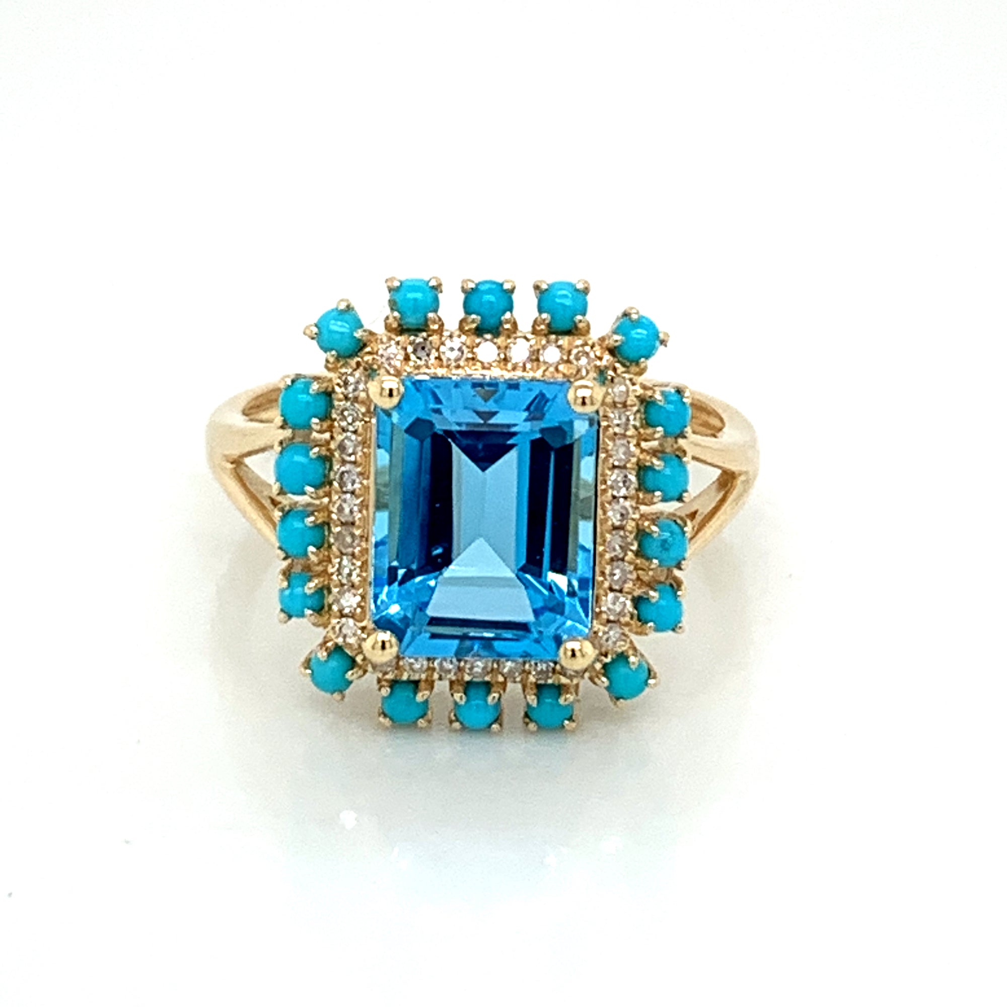 14K Yellow Gold Swiss Blue Topaz, Turquoise & Diamond Ring