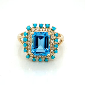 14K Yellow Gold Swiss Blue Topaz, Turquoise & Diamond Ring