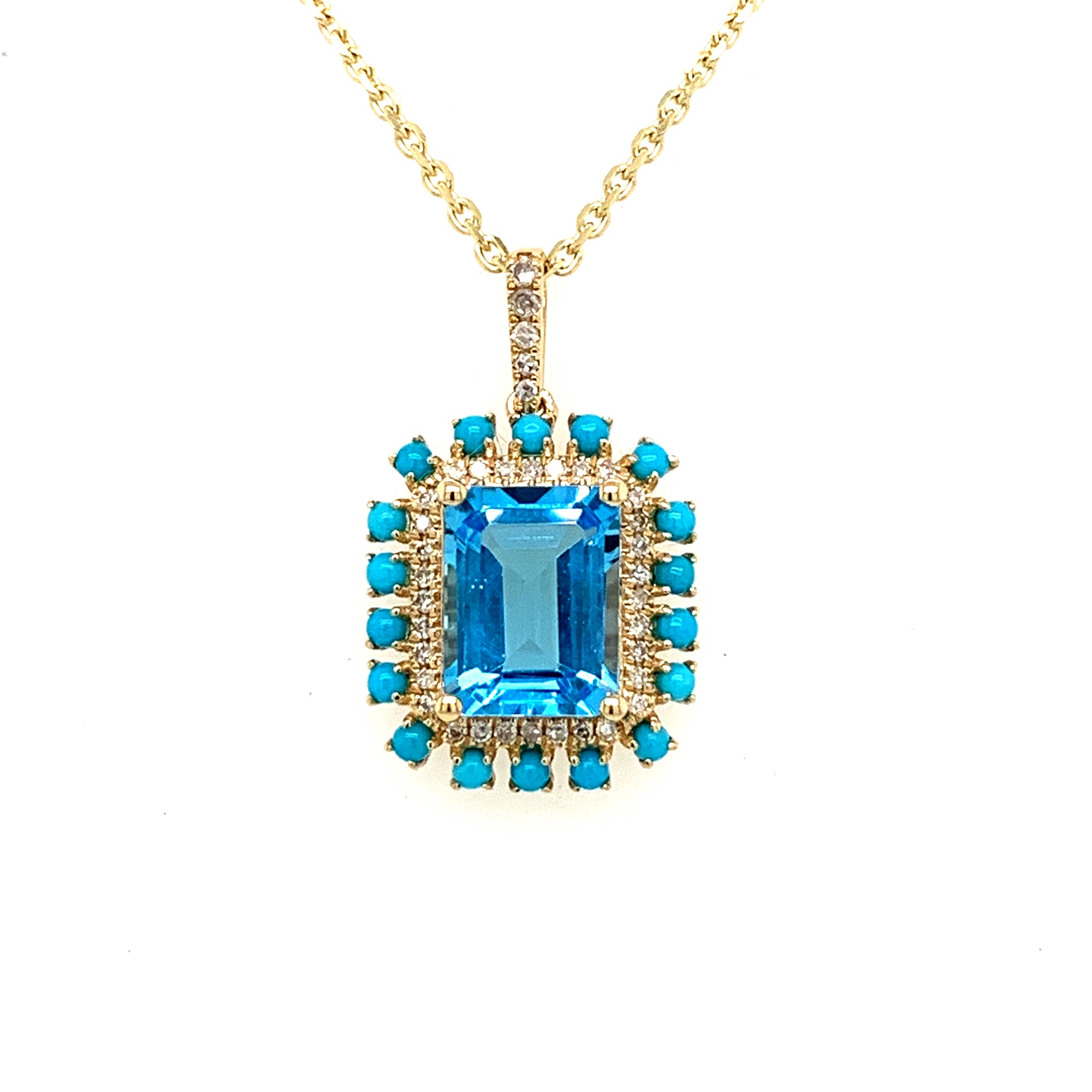 14K Yellow Gold Swiss Blue Topaz, Turquoise & Diamond Halo Necklace