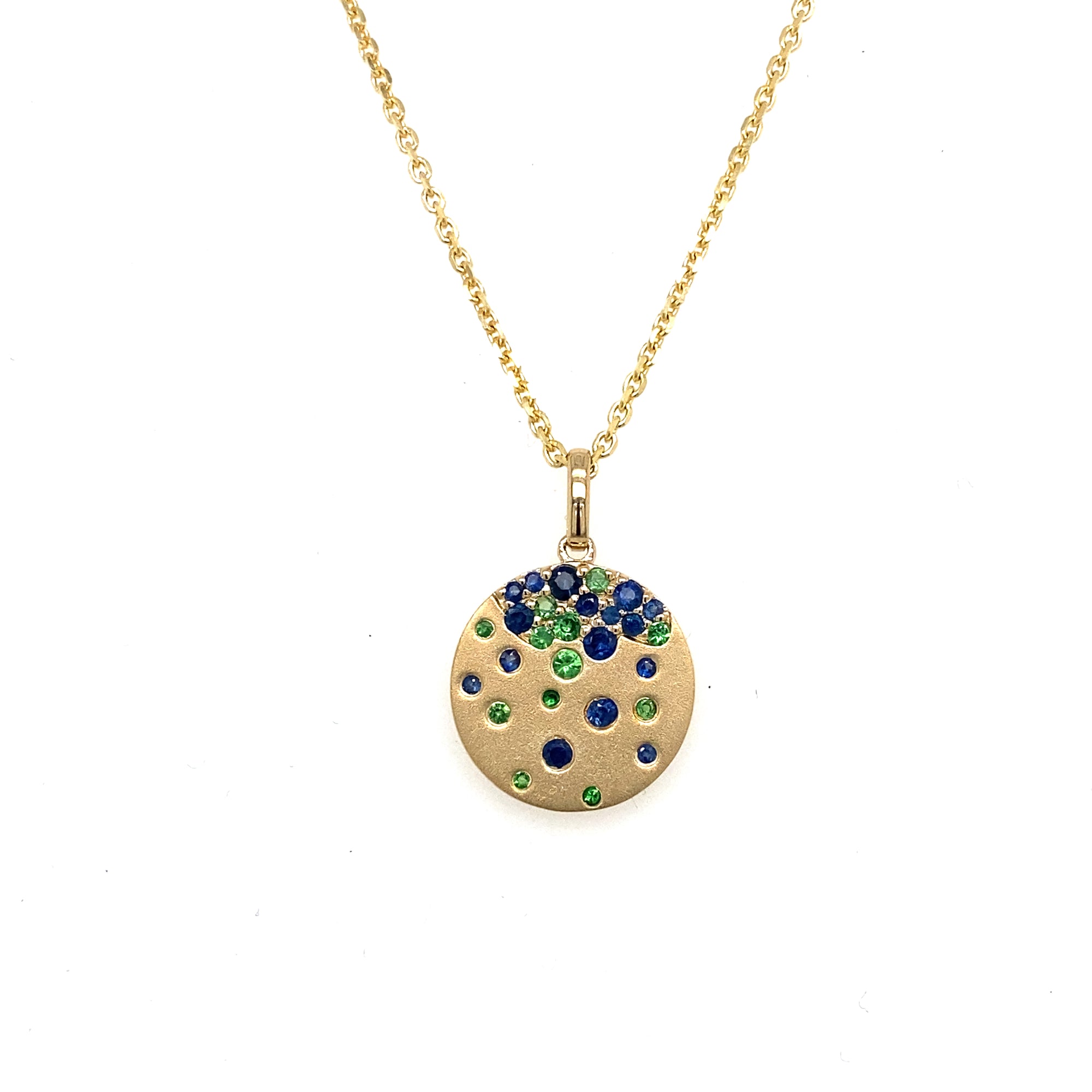 14K Yellow Gold Sapphire & Tsavorite Garnet Disc Necklace