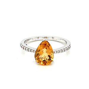 14K White Gold Pear Shape Citrine & Diamond Ring