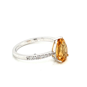 14K White Gold Pear Shape Citrine & Diamond Ring