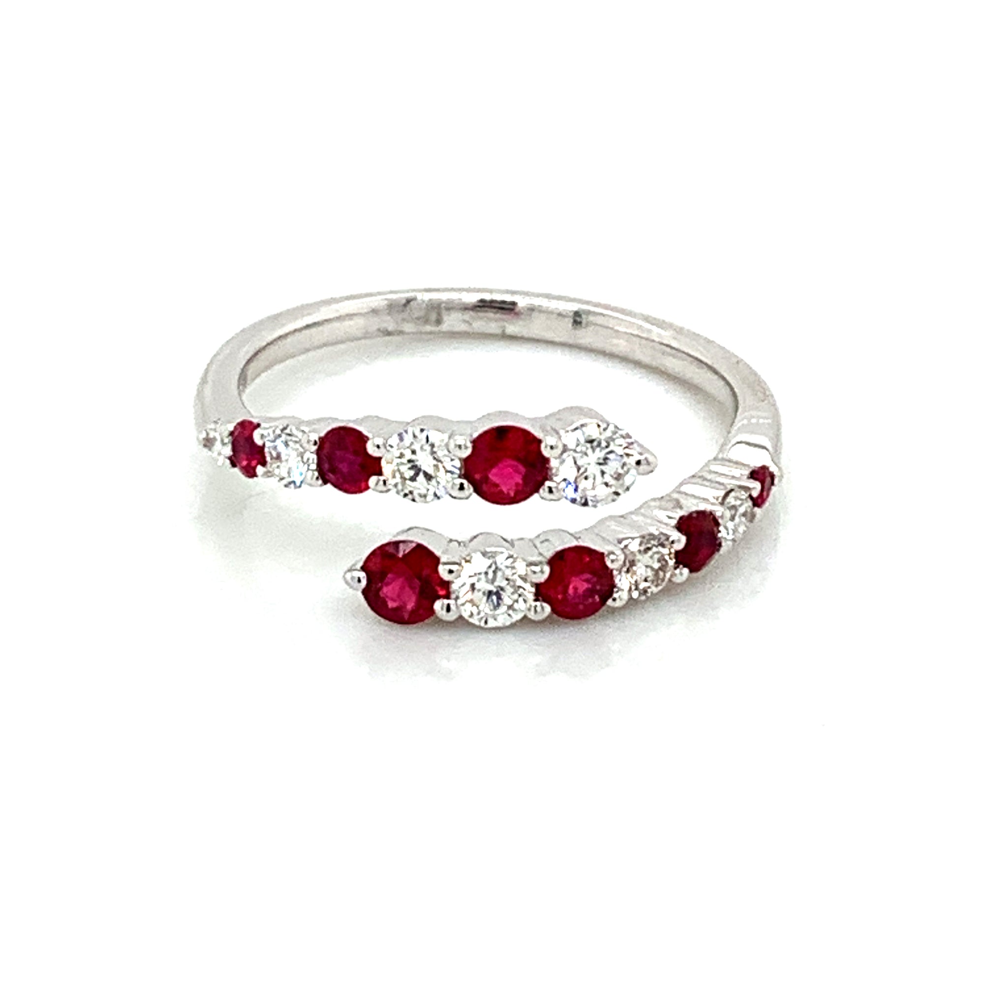 14K White Gold Alternating Ruby & Diamond Bypass Ring