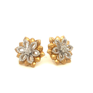 14K Yellow Gold Flower Motif Diamond Stud Earrings