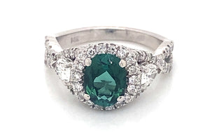 14K White Gold Green Tourmaline And Diamond Ring With Sapphire Accents