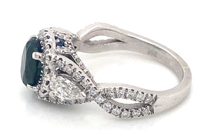 14K White Gold Green Tourmaline And Diamond Ring With Sapphire Accents