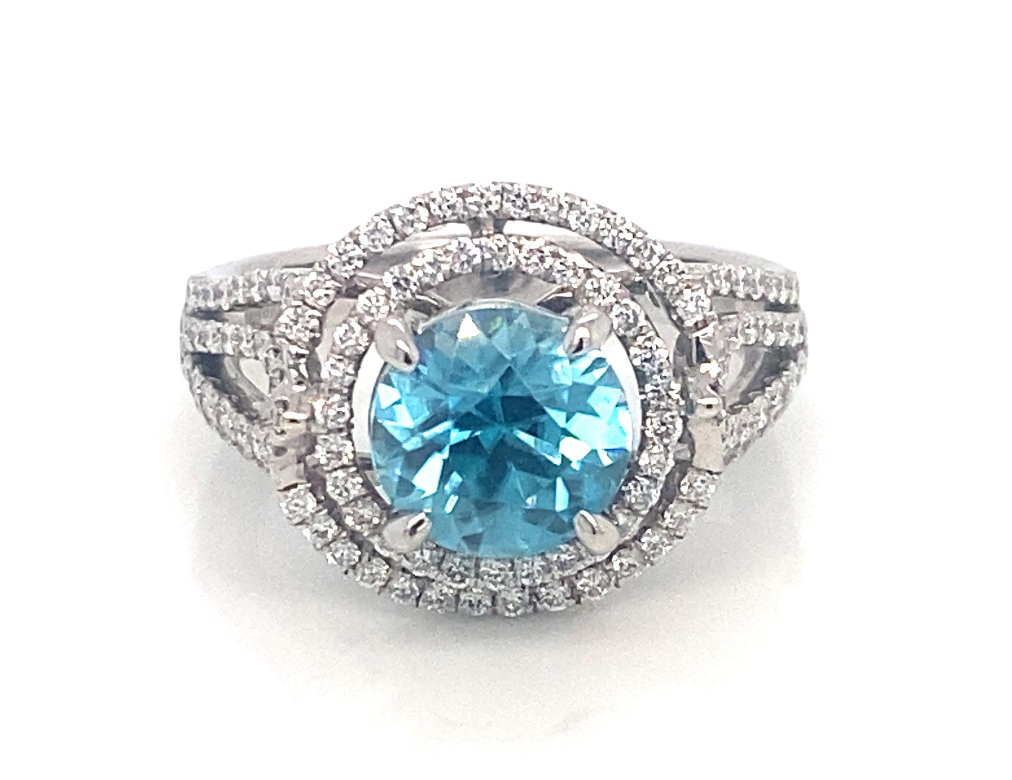 18K White Gold Blue Zircon Double Halo Diamond Ring
