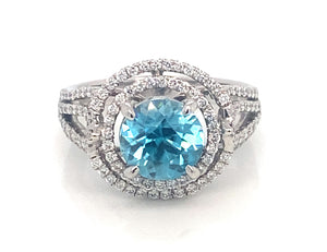 18K White Gold Blue Zircon Double Halo Diamond Ring