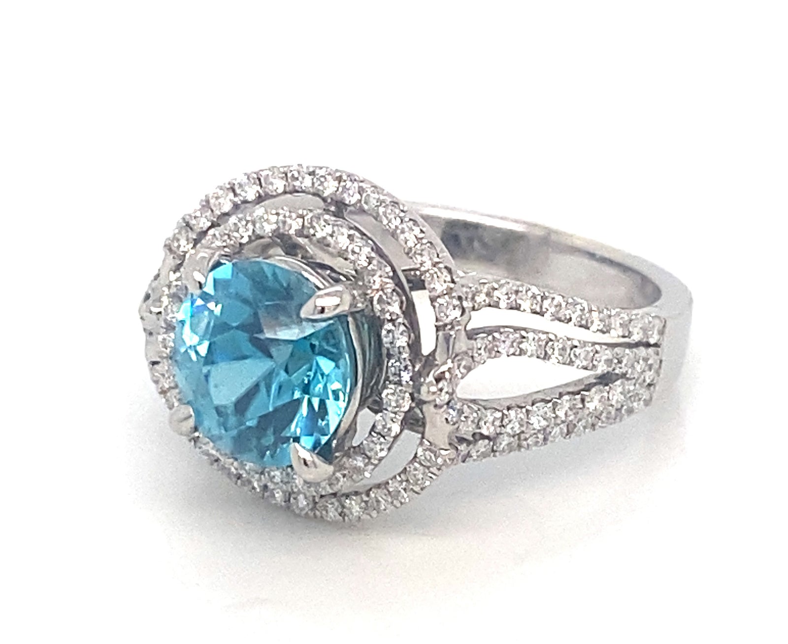 18K White Gold Blue Zircon Double Halo Diamond Ring