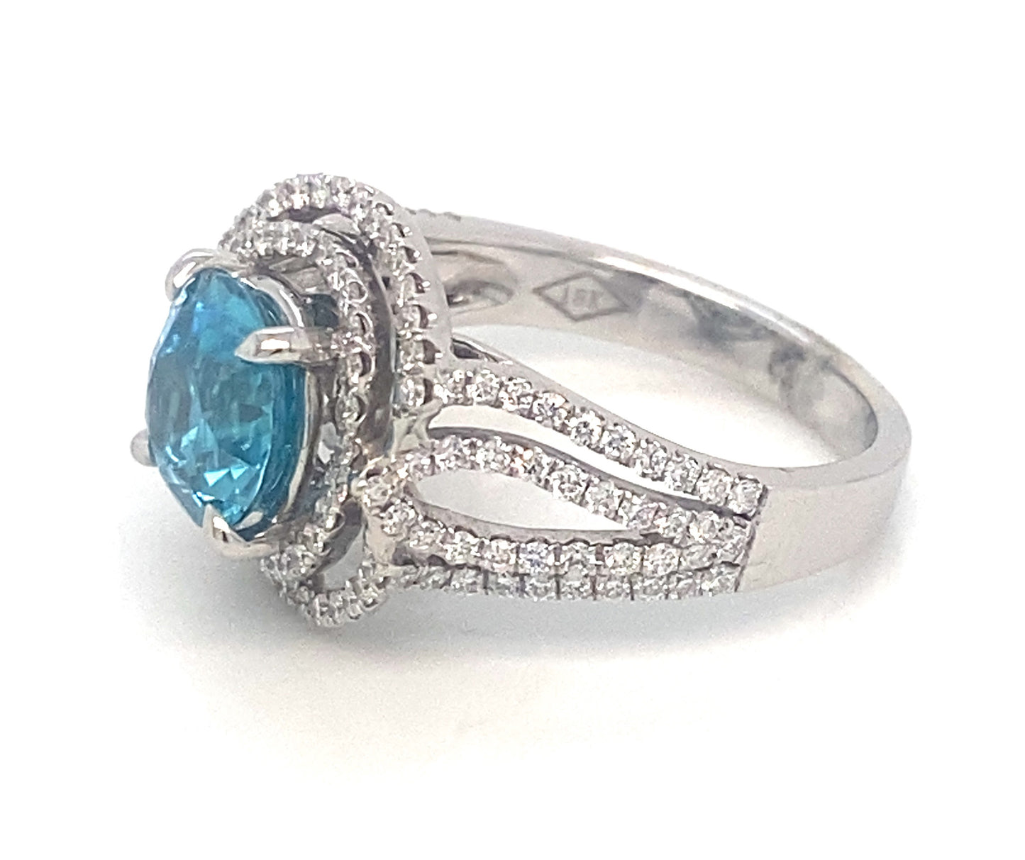 18K White Gold Blue Zircon Double Halo Diamond Ring