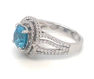 18K White Gold Blue Zircon Double Halo Diamond Ring