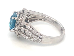 18K White Gold Blue Zircon Double Halo Diamond Ring