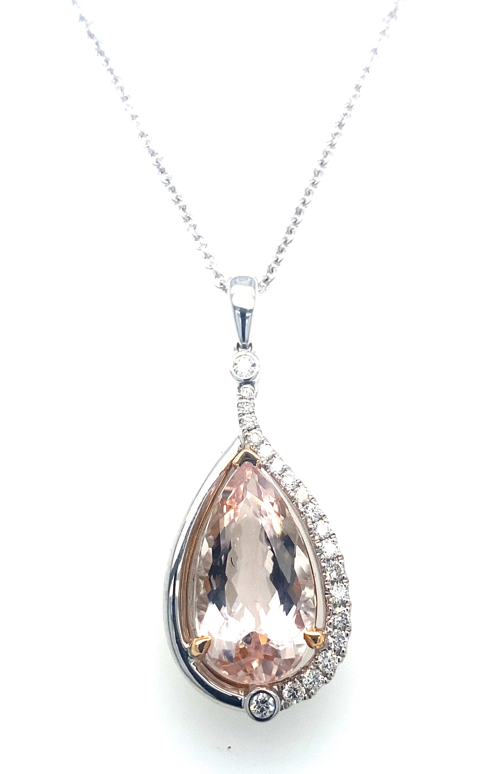 18K Rose And White Gold Morganite And Diamond Pear Shape Halo Pendant