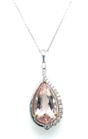 18K Rose And White Gold Morganite And Diamond Pear Shape Halo Pendant
