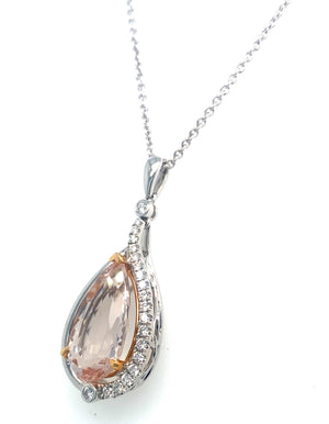 18K Rose And White Gold Morganite And Diamond Pear Shape Halo Pendant